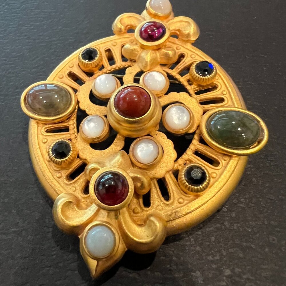 Natasha Stambouli Matte Gold Tone Etruscan, Mogul Cabochon, Semi-Precious Stone